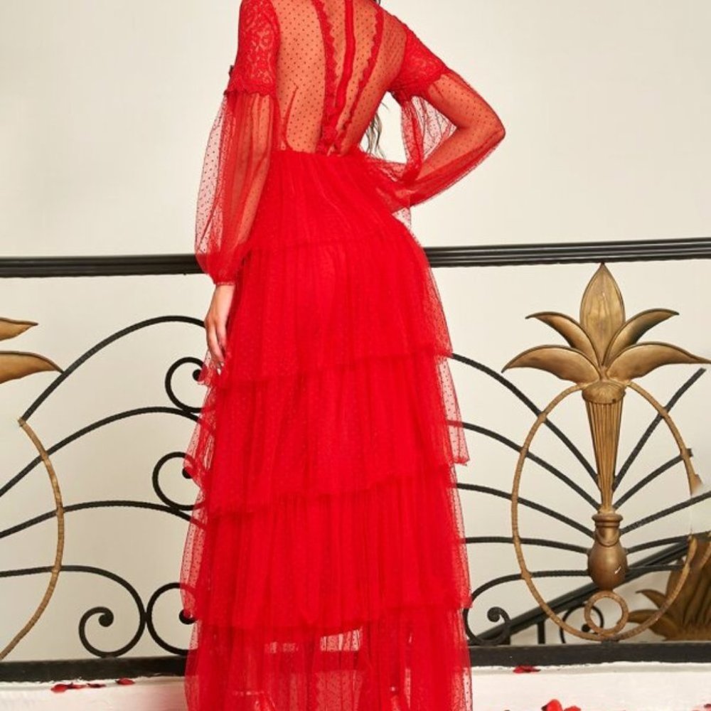 Be Mine Lantern Sleeve Guipure Lace Trim Mesh Dress RED - Picture 3 of 9
